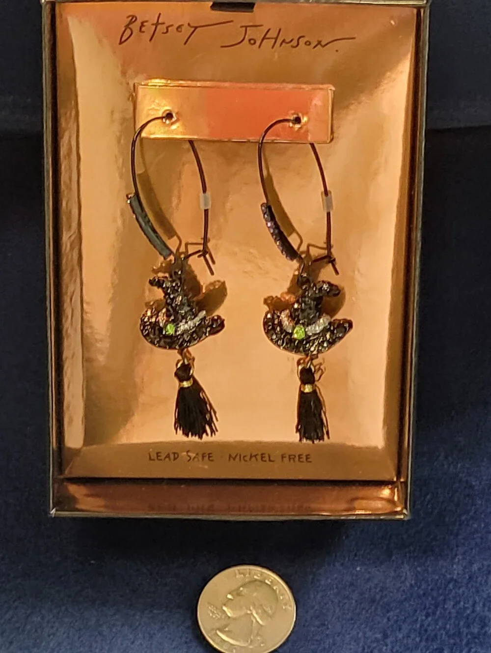 Betsey Johnson Black and Green Witch Hat Tassel Earrings